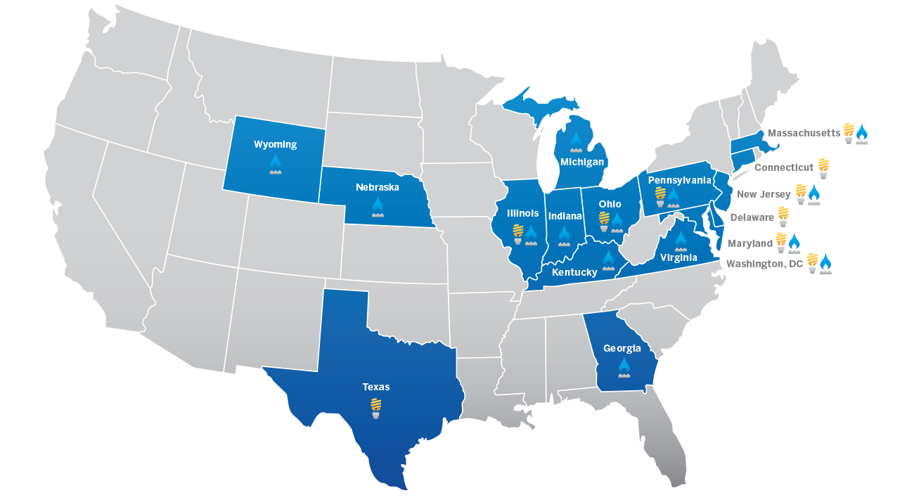 Constellation is an electricity supplier to several states across the US US map highlighting the states that Constellation serves electricity